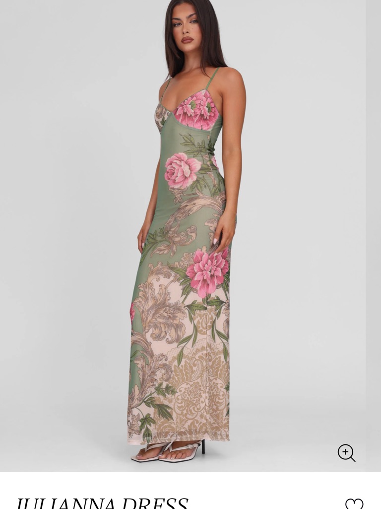 Tiger Mist Olive Green Maxi Slip Dress With Pink Floral Print. Originally $75